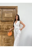 Kruvaze Yaka Dik Çizgili Kumaş Tulum Günlük Davet Gece Kullanımına Uygun Şık Tulum Bol Paça Tulum - 3