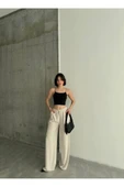 Linda Kumaş Siyah Keten Karışımlı Bol Kesim Pantolon Beli Lastikli Beli Bağcıklı - 9
