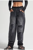 Kadın Tint Haki Lazer Detaylı Skater Jogger Fit Denim Jogger Kot Pantolon Baggy Model - 4