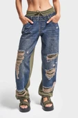 Kadın Tint Haki Lazer Detaylı Skater Jogger Fit Denim Jogger Kot Pantolon Baggy Model - 5