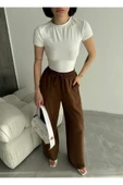 Linda Kumaş Siyah Keten Karışımlı Bol Kesim Pantolon Beli Lastikli Beli Bağcıklı - 7