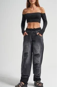 Kadın Tint Haki Lazer Detaylı Skater Jogger Fit Denim Jogger Kot Pantolon Baggy Model - 10
