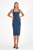 Arkadan Yırtmaçlı Fermuarlı Kalın Asklı Kot Elbise Denim Elbise - 1