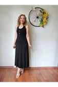 Boyundan Bağlama Detaylı Siyah Uzun Yırtmaçlı Elbise thumbnail 4