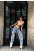 Kadın Tint Haki Lazer Detaylı Skater Jogger Fit Denim Jogger Kot Pantolon Baggy Model - 6
