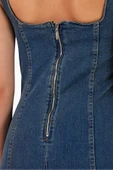 Arkadan Yırtmaçlı Fermuarlı Kalın Asklı Kot Elbise Denim Elbise - 3