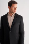 Siyah Dik Yaka Esnek Slim Fit Classic Kaşe Kaban 1008255171 - 4