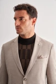 Bej Mono Yaka Desenli Örme Astarlı Çift Yırtmaç Esnek 4 Drop Comfort Fit Classic Ceket 1002255112 thumbnail 4
