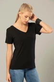 Weweus Siyah Kadın Viskon Ön Ve Arka V-yaka Tişört 237 thumbnail 1