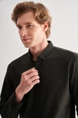 Koyu Haki Smart Düğmeli Yaka Uzun Kol Cepsiz Slim Fit Casual Gömlek 1004255170 - 4