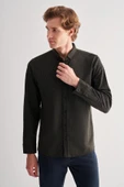 Koyu Haki Smart Düğmeli Yaka Uzun Kol Cepsiz Slim Fit Casual Gömlek 1004255170 - 3