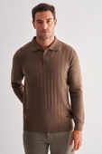 Açık Kahverengi Polo Yaka Uzun Kol Cepsiz Comfort Fit Pamuklu Triko Kazak 1012255214 - 1