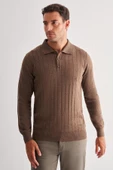 Açık Kahverengi Polo Yaka Uzun Kol Cepsiz Comfort Fit Pamuklu Triko Kazak 1012255214 - 3