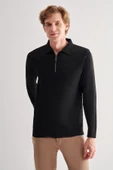 Siyah Uzun Kol Fermuarlı Yaka Cepsiz  Slim Fit  Triko 1012255150 - 1