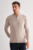 Açık Bej Fermuarlı Dik Yaka Uzun Kol Cepsiz Comfort Fit Classic Pamuklu Triko Kazak 1012255201 - 1