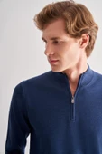 İndigo Mavi Fermuarlı Dik Yaka Uzun Kol Cepsiz Comfort Fit Classic Pamuklu Triko Kazak 1012255201 - 4