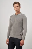 Taş Rengi Uzun Kol Kendinden Desenli Örme Polo Yaka Classic Comfort Fit Triko 1012245162 - 1