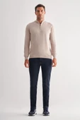 Açık Bej Fermuarlı Dik Yaka Uzun Kol Cepsiz Comfort Fit Classic Pamuklu Triko Kazak 1012255201 - 2
