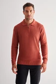 Kiremit Fermuarlı Polo Yaka Uzun Kol Cepsiz Comfort Fit Casual Pamuklu Triko Kazak 1012255202 - 1