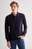 Koyu Lacivert Polo Yaka Uzun Kol Cepsiz Comfort Fit Pamuklu Triko Kazak 1012255214 - 2