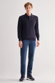 Koyu Lacivert Polo Yaka Uzun Kol Cepsiz Comfort Fit Pamuklu Triko Kazak 1012255214 - 1