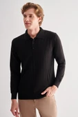 Siyah Polo Yaka Uzun Kol Cepsiz Comfort Fit Pamuklu Triko Kazak 1012255214 - 1