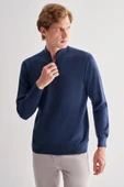 İndigo Mavi Fermuarlı Dik Yaka Uzun Kol Cepsiz Comfort Fit Classic Pamuklu Triko Kazak 1012255201 - 3