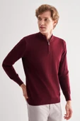 Bordo Fermuarlı Dik Yaka Uzun Kol Cepsiz Comfort Fit Classic Pamuklu Triko Kazak 1012255201 - 1