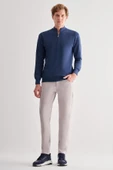 İndigo Mavi Fermuarlı Dik Yaka Uzun Kol Cepsiz Comfort Fit Classic Pamuklu Triko Kazak 1012255201 - 2