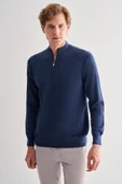 İndigo Mavi Fermuarlı Dik Yaka Uzun Kol Cepsiz Comfort Fit Classic Pamuklu Triko Kazak 1012255201 - 1