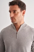 Gri Fermuarlı Dik Yaka Uzun Kol Cepsiz Comfort Fit Classic Pamuklu Triko Kazak 1012255201 - 4