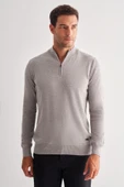 Gri Fermuarlı Dik Yaka Uzun Kol Cepsiz Comfort Fit Classic Pamuklu Triko Kazak 1012255201 - 1