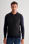 Koyu Lacivert Fermuarlı Polo Yaka Uzun Kol Cepsiz Comfort Fit Pamuklu Triko Kazak 1012255223 - 1