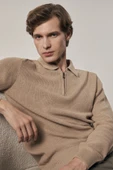 Koyu Bej Fermuarlı Polo Yaka Uzun Kol Cepsiz Comfort Fit Casual Pamuklu Triko Kazak 1012255202 - 1