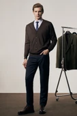 Koyu Kahverengi V Yaka Cepsiz Comfort Fit Classic Pamuklu Triko Hırka 1012255016 - 2