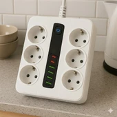 6’lı Priz + 4 USB Çıkışlı Akıllı Çoklu Grup Priz  Anahtarlı ve Güvenli Uzatma Kablosu - 5