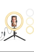 LED Işıklı Telefon Tutuculu Masaüstü Tripod  Canlı Yayın, Video ve Makyaj İçin Halkalı Ring Light - 1