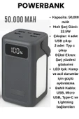 50.000 mAh Taşınabilir Powerbank  22.5W Hızlı Şarj, Çoklu USB & Type-C Çıkışlı, LED Işıklı, Dijital Ekranlı - 1