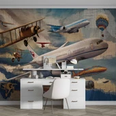 Uçak ve Teyyare Yağlı Boya Çizim Görünümlü Duvar Kağıdı thumbnail 4