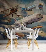 Uçak ve Teyyare Yağlı Boya Çizim Görünümlü Duvar Kağıdı thumbnail 5