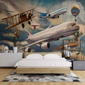 Uçak ve Teyyare Yağlı Boya Çizim Görünümlü Duvar Kağıdı thumbnail 2