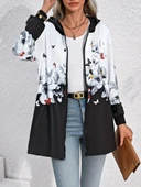 Kadın Uzun Kollu Kapşonlu Fermuarlı çiçek-kelebek Desenli şardonlu Dalgıç Ceket thumbnail 7