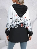 Kadın Uzun Kollu Kapşonlu Fermuarlı çiçek-kelebek Desenli şardonlu Dalgıç Ceket thumbnail 4