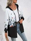 Kadın Uzun Kollu Kapşonlu Fermuarlı çiçek-kelebek Desenli şardonlu Dalgıç Ceket thumbnail 1