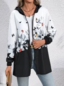 Kadın Uzun Kollu Kapşonlu Fermuarlı çiçek-kelebek Desenli şardonlu Dalgıç Ceket thumbnail 6