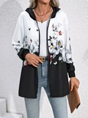 Kadın Uzun Kollu Kapşonlu Fermuarlı çiçek-kelebek Desenli şardonlu Dalgıç Ceket thumbnail 5