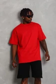 Unisex Oversize Düz Bisiklet Yaka T-Shirt - Kırmızı thumbnail 4