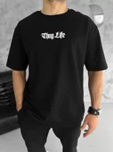 Unisex Bisiklet Yaka Baskılı Oversize T-Shirt - Siyah thumbnail 2