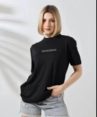 Unisex Bisiklet Yaka Baskılı Slim Fit T-Shirt - Siyah thumbnail 2