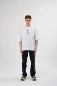 Unisex Bisiklet Yaka Baskılı Oversize T-Shirt - Beyaz thumbnail 1